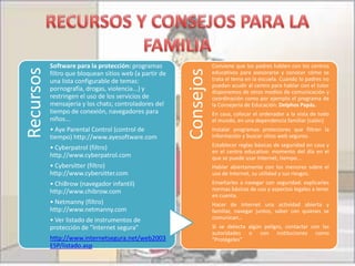 Software para la protección: programas                   Conviene que los padres hablen con los centros
Recursos




                                                         Consejos
           filtro que bloquean sitios web (a partir de              educativos para asesorarse y conocer cómo se
           una lista configurable de temas:                         trata el tema en la escuela. Cuando lo padres no
                                                                    puedan acudir al centro para hablar con el tutor
           pornografía, drogas, violencia...) y                     disponemos de otros medios de comunicación y
           restringen el uso de los servicios de                    coordinación como por ejemplo el programa de
           mensajería y los chats; controladores del                la Consejería de Educación: Delphos Papás.
           tiempo de conexión, navegadores para                     En casa, colocar el ordenador a la vista de todo
           niños...                                                 el mundo, en una dependencia familiar (salón)
           • Aye Parental Control (control de                       Instalar programas protectores que filtren la
           tiempo) http://www.ayesoftware.com                       información y buscar sitios web seguros.

           • Cyberpatrol (filtro)                                   Establecer reglas básicas de seguridad en casa y
                                                                    en el centro educativo: momento del día en el
           http.//www.cyberpatrol.com                               que se puede usar Internet, tiempo...
           • Cybersitter (filtro)                                   Hablar abiertamente con los menores sobre el
           http://www.cybersitter.com                               uso de Internet, su utilidad y sus riesgos.
           • ChiBrow (navegador infantil)                           Enseñarles a navegar con seguridad: explicarles
           http://www.chibrow.com                                   normas básicas de uso y aspectos legales a tener
                                                                    en cuenta.
           • Netmanny (filtro)                                      Hacer de Internet una actividad abierta y
           http://www.netmanny.com                                  familiar, navegar juntos, saber con quienes se
           • Ver listado de instrumentos de                         comunican...
           protección de "Internet segura"                          Si se detecta algún peligro, contactar con las
                                                                    autoridades o con instituciones como
           http://www.internetsegura.net/web2003                    "Protégeles"
           ESP/listado.asp
 