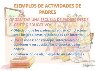 EJEMPLOS DE ACTIVIDADES DE
             PADRES
• ORGANIZAR UNA ESCUELA DE PADRES DESDE
  EL CENTRO EDUCATIVO:
  Objetivo: que los padres aprendan cómo actuar
   ante los problemas relacionados con internet.
  Dos sesiones: con consejos, intercambio de
   opiniones y respuesta a las preguntas de los
   padres.
  Colaboración de algún experto en estos temas.
 