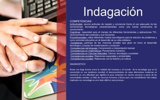 Indagación 
COMPETENCIAS: 
Actitudinales: asume actitudes de respeto y conciencia frente al uso adecuado de las 
herramientas tecnológicas caracterizándolas como una fuente constructiva de 
conocimiento. 
Cognitivas: capacidad para el manejo de diferentes herramientas y aplicaciones TIC, 
reconocimiento del contenido y sus funciones. 
Procedimentales: utiliza diferentes medios tecnológicos para la solución de problemas y 
como actividad educativa en el desarrollo de su vida cotidiana. 
.Ciudadanas: participa de las vivencias sociales que giran en torno al desarrollo 
tecnológico y pautas de modernización y evolución. 
Competencias del lenguaje: Comprensión e interpretación textual 
Competencias en matemáticas: Pensamiento numérico 
Competencias en Ciencias Naturales: Ciencia, tecnología y sociedad 
Competencias sociales: Relaciones espaciales y ambientales 
Competencias sociales: Relaciones con la historia y la cultura 
DIAGNOSTICO 
Existe una larga brecha entre la realidad del contexto y el mundo de la tecnología que se ha 
convertido en una tendencia mundial; el desconocimiento de estas alternativas modernas se 
convierte en una dificultad que significa la poca evolución en ciertos sectores o parte de las 
comunidades sociales. La falta de recursos humanos y físicos para una consolidación del trabajo 
implicado con tecnología es otro lado débil en este proceso. 
 