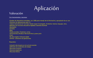 Aplicación 
Valoración 
Con herramientas y recursos: 
-Empleo de dispositivos extraíbles (cd, USB) para manejo de la información y apropiación de su uso. 
-Directorio de aplicaciones web 2.0 
-Videos instructivos de YouTube, Doctor super O recargado. Ambiente, historia, lenguaje, otros. 
-Biblioteca de recursos educativos digitales Colombia Aprende 
-MediateKa 
-Eduteka 
-Blog 
-Redes sociales, Facebook, correo 
-Herramientas ofimática: Microsoft Word, power point 
-Paint 
-Mi clase digital, Antioquia digital 
-Off-line - Directorio de aplicaciones 
Requisitos: 
.Inclusión del proyecto en el currículo escolar. 
.Definición de contenidos de trabajo. 
.Recursos humanos. 
.Recursos logísticos. 
.Recursos físicos. 
 