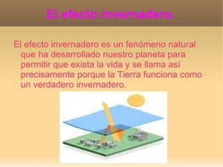El efecto invernadero. El efecto invernadero es un fenómeno natural que ha desarrollado nuestro planeta para permitir que exista la vida y se llama así precisamente porque la Tierra funciona como un verdadero invernadero.