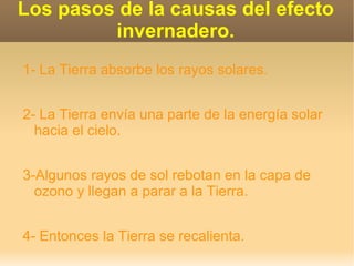 Los pasos de la causas del efecto invernadero. 1- La Tierra absorbe los rayos solares.