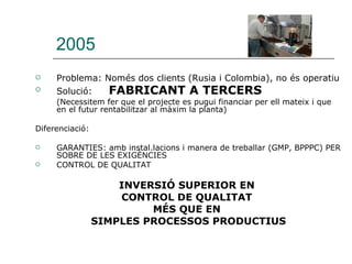 2005 Problema: Només dos clients (Rusia i Colombia), no és operatiu Solució:   FABRICANT A TERCERS   (Necessitem fer que el projecte es pugui financiar per ell mateix i que en el futur rentabilitzar al màxim la planta) Diferenciació: GARANTIES: amb instal.lacions i manera de treballar (GMP, BPPPC) PER SOBRE DE LES EXIGÈNCIES CONTROL DE QUALITAT INVERSIÓ SUPERIOR EN  CONTROL DE QUALITAT  MÉS QUE EN  SIMPLES PROCESSOS PRODUCTIUS 