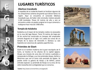 LUGARES TURÍSTICOS
E   Obelisco Inacabado
    A espaldas de la ciudad de Aswán se localizan algunas de
    las antiquísimas canteras de granito que dieron fama a la


G   región. Aquí se encuentra el conocido Obelisco
    Inacabado que, de haber sido concluido, hubiera pesado
    1.100 toneladas. Posee 42 metros de alto y aún se
    encuentra unida a la piedra original en la que comenzó a
    trabajarse hace más de 3.000 años.


I   Templo de Kalabsha
    Kalabsha es el mayor de los templos nubios no excavados
    en la roca del lago Nasser. Tiene 74 metros de largo por
    33 de ancho.Fue construido en tiempos del emperador


P   romano Augusto en el siglo I d.C sobre las ruinas de un
    templo de la época de Amenofis II. Destaca su sala
    hipóstila con columnas de capiteles papiriformes.

    Pirámides de Gizeh


T   Gizeh es el nombre moderno de la gran necrópolis de El
    Cairo, se localiza en las afueras de la capital egipcia.
    Ocupa una meseta de unos dos mil metros cuadrados y
    comprende la Esfinge y sus tres pirámides Keops, Kefrén y
    Micerinos que son el ícono más preciado de Egipto. Se


O   puede visitar la galería de Keops y de Kefrén, previa
    entrada especial. La pirámide de Keops es la única de las
    siete maravillas de la antigüedad que se conserva.

    Fuente: http://www.turismoenfotos.com/egipto/0/
 