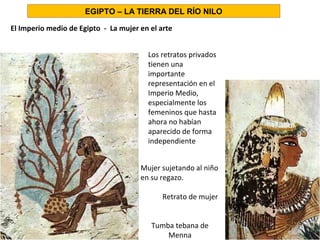 El Imperio medio de Egipto - La mujer en el arte
Mujer sujetando al niño
en su regazo.
Retrato de mujer
Tumba tebana de
Menna
EGIPTO – LA TIERRA DEL RÍO NILO
Los retratos privados
tienen una
importante
representación en el
Imperio Medio,
especialmente los
femeninos que hasta
ahora no habían
aparecido de forma
independiente
 