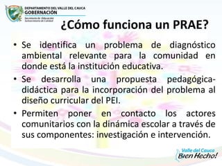 ¿Cómo funciona un PRAE?
• Se identifica un problema de diagnóstico
ambiental relevante para la comunidad en
donde está la institución educativa.
• Se desarrolla una propuesta pedagógica-
didáctica para la incorporación del problema al
diseño curricular del PEI.
• Permiten poner en contacto los actores
comunitarios con la dinámica escolar a través de
sus componentes: investigación e intervención.
 