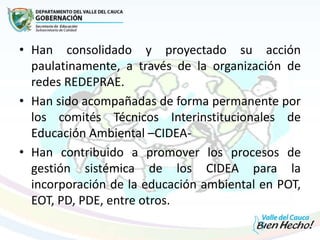 • Han consolidado y proyectado su acción
paulatinamente, a través de la organización de
redes REDEPRAE.
• Han sido acompañadas de forma permanente por
los comités Técnicos Interinstitucionales de
Educación Ambiental –CIDEA-
• Han contribuido a promover los procesos de
gestión sistémica de los CIDEA para la
incorporación de la educación ambiental en POT,
EOT, PD, PDE, entre otros.
 