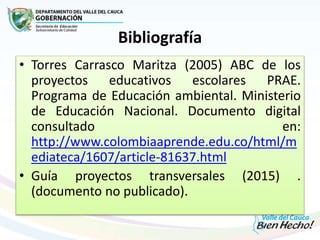Bibliografía
• Torres Carrasco Maritza (2005) ABC de los
proyectos educativos escolares PRAE.
Programa de Educación ambiental. Ministerio
de Educación Nacional. Documento digital
consultado en:
http://www.colombiaaprende.edu.co/html/m
ediateca/1607/article-81637.html
• Guía proyectos transversales (2015) .
(documento no publicado).
 