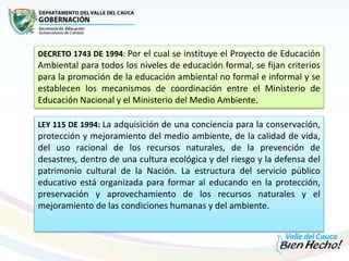 DECRETO 1743 DE 1994: Por el cual se instituye el Proyecto de Educación
Ambiental para todos los niveles de educación formal, se fijan criterios
para la promoción de la educación ambiental no formal e informal y se
establecen los mecanismos de coordinación entre el Ministerio de
Educación Nacional y el Ministerio del Medio Ambiente.
LEY 115 DE 1994: La adquisición de una conciencia para la conservación,
protección y mejoramiento del medio ambiente, de la calidad de vida,
del uso racional de los recursos naturales, de la prevención de
desastres, dentro de una cultura ecológica y del riesgo y la defensa del
patrimonio cultural de la Nación. La estructura del servicio público
educativo está organizada para formar al educando en la protección,
preservación y aprovechamiento de los recursos naturales y el
mejoramiento de las condiciones humanas y del ambiente.
 