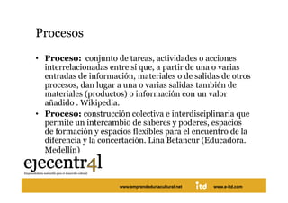 Procesos  
•  Proceso: conjunto de tareas, actividades o acciones
   interrelacionadas entre sí que, a partir de una o varias
   entradas de información, materiales o de salidas de otros
   procesos, dan lugar a una o varias salidas también de
   materiales (productos) o información con un valor
   añadido . Wikipedia.
•  Proceso: construcción colectiva e interdisciplinaria que
   permite un intercambio de saberes y poderes, espacios
   de formación y espacios flexibles para el encuentro de la
   diferencia y la concertación. Lina Betancur (Educadora.
   Medellín)  



Juan Pedregosa             www.e-itd.com
                       www.emprendeduriacultural.net   www.e-itd.com   19
 
