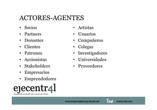 ACTORES-AGENTES 
•    Socios                 •    Artistas
•    Partners               •    Usuarios
•    Donantes               •    Compañeros
•    Clientes               •    Colegas
•    Patronos               •    Investigadores
•    Accionistas            •    Universidades
•    Stakeholders           •    Proveedores
•    Empresarios
•    Emprendedores 



Juan Pedregosa            www.e-itd.com
                      www.emprendeduriacultural.net   www.e-itd.com   25
 