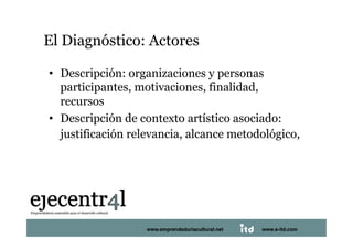 El Diagnóstico: Actores 

  •  Descripción: organizaciones y personas
     participantes, motivaciones, finalidad,
     recursos
  •  Descripción de contexto artístico asociado:
     justificación relevancia, alcance metodológico,  




Juan Pedregosa           www.e-itd.com
                     www.emprendeduriacultural.net   www.e-itd.com   57
 