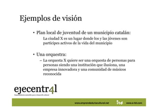 Ejemplos de visión 
           •  Plan local de juventud de un municipio catalán:
                   La ciudad X es un lugar donde los y las jóvenes son
                   partícipes activos de la vida del municipio


           •  Una orquestra:
                 –  La orquesta X quiere ser una orquesta de personas para
                    personas siendo una institución que ilusiona, una
                    empresa innovadora y una comunidad de músicos
                    reconocida 




Juan Pedregosa                      www.e-itd.com
                                      www.emprendeduriacultural.net           67
                                                                      www.e-itd.com
 