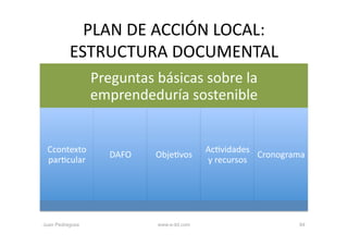 PLAN DE ACCIÓN LOCAL: 
          ESTRUCTURA DOCUMENTAL 
                 Preguntas básicas sobre la 
                 emprendeduría sostenible 


 Ccontexto                                  AcDvidades 
                    DAFO    ObjeDvos                    Cronograma 
 parDcular                                  y recursos 




Juan Pedregosa              www.e-itd.com                        84
 