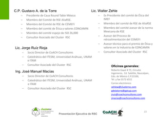 C.P. Gustavo A. de la Torre                               Lic. Walter Zehle
    –    Presidente de Caux Round Table México                   –   Ex Presidente del comité de Ética del
    –    Miembro del Comité de RSE AliaRSE.                          IMEF
    –    Miembro del Comité de RSE de CEMEFI                     –   Miembro del comité de RSE de AliaRSE
    –    Miembro del comité de Ética y valores CONCAMIN          –   Miembro del comité asesor de la norma
    –    Miembro del comité espejo de ISO 26,000                     Mexicana de RSE
    –    Consultor Asociado del Cluster RSC                      –   Asesor del Proceso de
                                                                     retroalimentación del CEMEFI
                                                                 –   Asesor técnico para el premio de Ética y
Lic. Jorge Ruíz Rioja                                                valores en la Industria de CONCAMIN
     –   Socio Director de CoACH Consultores                     –   Consultor Asociado del Cluster RSC
     –   Catedrático del ITESM, Universidad Anáhuac, UNAM
         e ITAM
     –   Consultor Asociado del Cluster RSC                                Oficinas generales:
Ing. José Manuel Macías                                                    Roberto Gayol # 7C, Circuito
                                                                           Ingenieros, Cd. Satélite, Naucalpan,
     –   Socio Director de CoACH Consultores                               Edo. de México C.P.53100,
     –   Catedrático del ITESM, Universidad Anáhuac, UNAM                  Tel. y fax 5572 6551
         e ITAM                                                            Correo electrónico:
                                                                           zehlew@clusterrsc.com
     –   Consultor Asociado del Cluster RSC
                                                                           gdelatorre@gatcyp.com
                                                                           jruiz@coachconsultores.com
                                                                           jmacias@coachconsultores.com




                                                                                                          23
                                 Presentación Ejecutiva de RSC
 