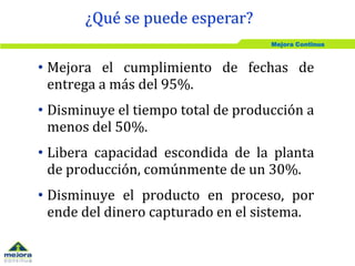 Mejora Continua
• Mejora el cumplimiento de fechas de
entrega a más del 95%.
• Disminuye el tiempo total de producción a
menos del 50%.
• Libera capacidad escondida de la planta
de producción, comúnmente de un 30%.
• Disminuye el producto en proceso, por
ende del dinero capturado en el sistema.
¿Qué se puede esperar?
 