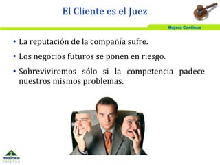 Mejora Continua
• La reputación de la compañía sufre.
• Los negocios futuros se ponen en riesgo.
• Sobreviviremos sólo si la competencia padece
nuestros mismos problemas.
El Cliente es el Juez
 