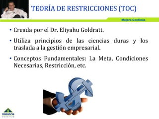 Mejora Continua
• Creada por el Dr. Eliyahu Goldratt.
• Utiliza principios de las ciencias duras y los
traslada a la gestión empresarial.
• Conceptos Fundamentales: La Meta, Condiciones
Necesarias, Restricción, etc.
TEORÍA DE RESTRICCIONES (TOC)
 