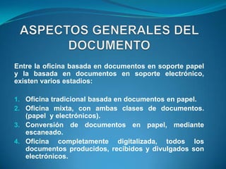 Entre la oficina basada en documentos en soporte papel
y la basada en documentos en soporte electrónico,
existen varios estadios:

1. Oficina tradicional basada en documentos en papel.
2. Oficina mixta, con ambas clases de documentos.
   (papel y electrónicos).
3. Conversión de documentos en papel, mediante
   escaneado.
4. Oficina completamente digitalizada, todos los
   documentos producidos, recibidos y divulgados son
   electrónicos.
 