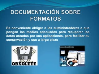 Es conveniente obligar a los suministradores a que
pongan los medios adecuados para recuperar los
datos creados por sus aplicaciones, para facilitar su
conservación y uso a largo plazo
 