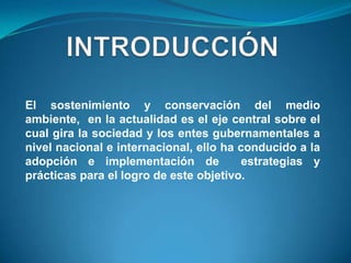 El sostenimiento y conservación del medio
ambiente, en la actualidad es el eje central sobre el
cual gira la sociedad y los entes gubernamentales a
nivel nacional e internacional, ello ha conducido a la
adopción e implementación de             estrategias y
prácticas para el logro de este objetivo.
 