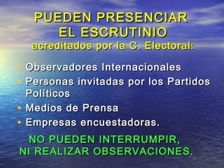 PPUUEEDDEENN PPRREESSEENNCCIIAARR 
EELL EESSCCRRUUTTIINNIIOO 
aaccrreeddiittaaddooss ppoorr llaa CC.. EElleeccttoorraall:: 
• OObbsseerrvvaaddoorreess IInntteerrnnaacciioonnaalleess 
• PPeerrssoonnaass iinnvviittaaddaass ppoorr llooss PPaarrttiiddooss 
PPoollííttiiccooss 
• MMeeddiiooss ddee PPrreennssaa 
• EEmmpprreessaass eennccuueessttaaddoorraass.. 
NNOO PPUUEEDDEENN IINNTTEERRRRUUMMPPIIRR,, 
NNII RREEAALLIIZZAARR OOBBSSEERRVVAACCIIOONNEESS.. 
 