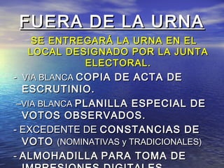 FFUUEERRAA DDEE LLAA UURRNNAA 
SSEE EENNTTRREEGGAARRÁÁ LLAA UURRNNAA EENN EELL 
LLOOCCAALL DDEESSIIGGNNAADDOO PPOORR LLAA JJUUNNTTAA 
EELLEECCTTOORRAALL.. 
-- VVIIAA BBLLAANNCCAA CCOOPPIIAA DDEE AACCTTAA DDEE 
EESSCCRRUUTTIINNIIOO.. 
––VVIIAA BBLLAANNCCAA PPLLAANNIILLLLAA EESSPPEECCIIAALL DDEE 
VVOOTTOOSS OOBBSSEERRVVAADDOOSS.. 
-- EEXXCCEEDDEENNTTEE DDEE CCOONNSSTTAANNCCIIAASS DDEE 
VVOOTTOO ((NNOOMMIINNAATTIIVVAASS yy TTRRAADDIICCIIOONNAALLEESS)) 
-- AALLMMOOHHAADDIILLLLAA PPAARRAA TTOOMMAA DDEE 
IIMMPPRREESSIIOONNEESS DDIIGGIITTAALLEESS.. 
 