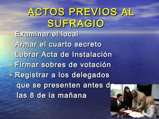 AACCTTOOSS PPRREEVVIIOOSS AALL 
SSUUFFRRAAGGIIOO 
• EExxaammiinnaarr eell llooccaall 
• AArrmmaarr eell ccuuaarrttoo sseeccrreettoo 
• LLaabbrraarr AAccttaa ddee IInnssttaallaacciióónn 
• FFiirrmmaarr ssoobbrreess ddee vvoottaacciióónn 
• RReeggiissttrraarr aa llooss ddeelleeggaaddooss 
qquuee ssee pprreesseenntteenn aanntteess ddee 
llaass 88 ddee llaa mmaaññaannaa 
 
