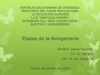 REPUBLICA BOLIVARIANA DE VENEZUELA
MINISTERIO DEL PODER POPULAR PARA
LA EDUCACIÓN SUPERIOR
I.U.P. “SANTIAGO MARIÑO”
EXTENSIÓN COL. SEDE CIUDAD OJEDA
ELECTIVA I: REINGENIERÍA
Etapas de la Reingeniería
Nombre: Isaura Oquendo
C:I: 21.188.933
Cód: 45 Ing. Industrial
Fecha: Noviembre del 2014