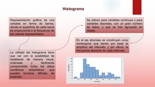 Histograma
Representación gráfica de una
variable en forma de barras,
donde la superficie de cada barra
es proporcional a la frecuencia de
los valores representados.
La utilidad del histograma tiene
que ver con la posibilidad de
establecer de manera visual,
ordenada y fácilmente
comprensible todos los datos
numéricos estadísticos que
pueden tornarse difíciles de
entender.
Se utilizan para variables continuas o para
variables discretas, con un gran número
de datos, y que se han agrupado en
clases.
En el eje abscisas se construyen unos
rectángulos que tienen por base la
amplitud del intervalo, y por altura, la
frecuencia absoluta de cada intervalo.
 