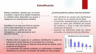 Estratificación
Método estadístico utilizado para el control,
el análisis y mejora de la calidad consistente
en clasificar datos disponibles por grupos o
categorías con características similares.
Estratificar no es más que dividir el conjunto
de los datos disponibles en subconjuntos
que, en principio, pueden ser más
homogéneos, a cada subconjunto se le
denomina estrato.
¿Cuándo podemos aplicar esta herramienta?
• Para identificar las causas más significativas
que influyen en la variación de los datos.
• Comprender detalladamente la estructura de
grupos de datos para identificar las causas
del problema y llevar a cabo las acciones
correctoras necesarias.
• Examinar las diferencias entre los valores
promedios y la variación entre los diferentes
• Permite evitar la causa de un problema identificando el grado de
influencia de ciertos factores en el resultado de un proceso.
• Se apoya y sirve de base en distintas herramientas de calidad, como
puede ser el histograma.
• La comprensión de cualquier problema, no conformidad o incidencia
detectada en un proceso, el resultado del análisis es más completo.
 
