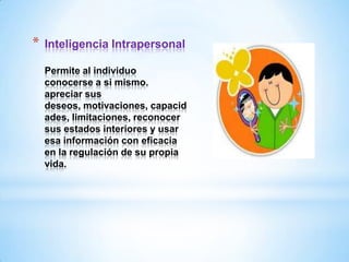 *   Inteligencia Intrapersonal

    Permite al individuo
    conocerse a si mismo.
    apreciar sus
    deseos, motivaciones, capacid
    ades, limitaciones, reconocer
    sus estados interiores y usar
    esa información con eficacia
    en la regulación de su propia
    vida.
 