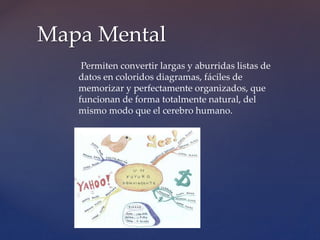 Mapa Mental 
Permiten convertir largas y aburridas listas de 
datos en coloridos diagramas, fáciles de 
memorizar y perfectamente organizados, que 
funcionan de forma totalmente natural, del 
mismo modo que el cerebro humano. 
 