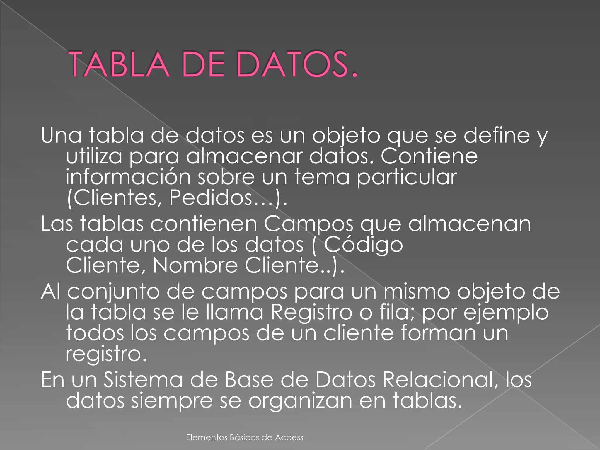 Una tabla de datos es un objeto que se define y
   utiliza para almacenar datos. Contiene
   información sobre un tema particular
   (Clientes, Pedidos…).
Las tablas contienen Campos que almacenan
   cada uno de los datos ( Código
   Cliente, Nombre Cliente..).
Al conjunto de campos para un mismo objeto de
   la tabla se le llama Registro o fila; por ejemplo
   todos los campos de un cliente forman un
   registro.
En un Sistema de Base de Datos Relacional, los
   datos siempre se organizan en tablas.
              Elementos Básicos de Access
 