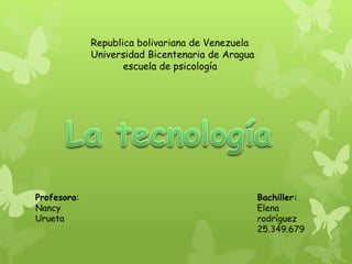 Republica bolivariana de Venezuela
Universidad Bicentenaria de Aragua
escuela de psicología
Bachiller:
Elena
rodríguez
25.349.679
Profesora:
Nancy
Urueta
 