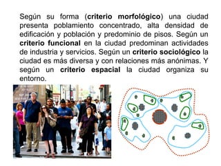Según su forma (criterio morfológico) una ciudad
presenta poblamiento concentrado, alta densidad de
edificación y población y predominio de pisos. Según un
criterio funcional en la ciudad predominan actividades
de industria y servicios. Según un criterio sociológico la
ciudad es más diversa y con relaciones más anónimas. Y
según un criterio espacial la ciudad organiza su
entorno.
 