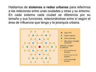 Hablamos de sistemas o redes urbanas para referirnos
a las relaciones entre unas ciudades y otras y su entorno.
En cada sistema cada ciudad se diferencia por su
tamaño y sus funciones, relacionándose entre sí según el
área de influencia que tenga y la jerarquía urbana.
 