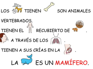 LOS

TIENEN

SON ANIMALES

VERTEBRADOS.
TIENEN EL

RECUBIERTO DE

A TRAVÉS DE LOS
TIENEN A SUS CRÍAS EN LA

LA

.

.
.

ES UN MAMÍFERO.

 