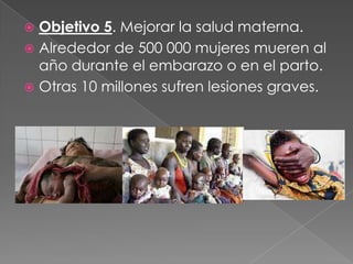  Objetivo 5. Mejorar la salud materna.
 Alrededor de 500 000 mujeres mueren al
año durante el embarazo o en el parto.
 Otras 10 millones sufren lesiones graves.
 