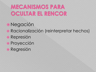  Negación
 Racionalización (reinterpretar hechos)
 Represión
 Proyección
 Regresión
 