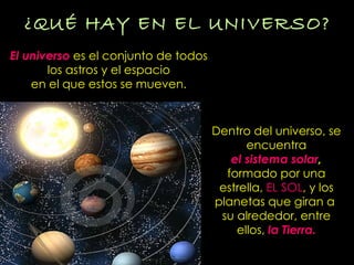 ¿QUÉ HAY EN EL UNIVERSO? El universo  es el conjunto de todos los astros y el espacio  en el que estos se mueven. Dentro del universo, se encuentra el sistema solar ,  formado por una estrella,  EL SOL , y los planetas que giran a  su alrededor, entre ellos,  la Tierra. 