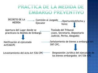 DECRETO DE LA           Comisión al Juzgado    Oportunidad(fecha y
       MEDIDA               Ejecutor              hora)

 Apertura del Lugar donde se             Traslado del Tribunal
 practicara la Medida de Embargo         (Juez, Secretario, Depositario
                                         Judicial, Perito, Abogado)

Notificación al ejecutado               Señalamiento de bienes a embargar Art
Art536CPC                               597 CPC.


Levantamiento del Acta Art 536 CPC        Desposesión Jurídica del ejecutado de
                                          los bienes embargados Art 536 CPC
 
