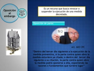 Es un recurso que busca revocar o
Oposición    Artículo
                                suspender la ejecución de una medida
   al         602 y
            sucesivos                        decretada.
embargo        CPC




                        Oposición de parte:




                                                           Art. 602 CPC
                        “Dentro del tercer día siguiente a la ejecución de la
                        medida preventiva, si la parte contra quien obre la
                        medida estuviere ya citada; o dentro del tercer día
                         siguiente a su citación, la parte contra quien obre
                          la medida podrá oponerse a ella, exponiendo las
                             razones o fundamentos que tuviere lugar”
 