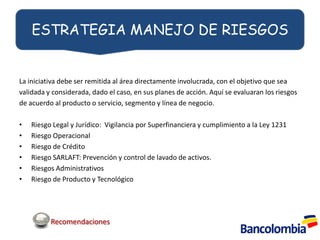 ESTRATEGIA MANEJO DE RIESGOS


La iniciativa debe ser remitida al área directamente involucrada, con el objetivo que sea
validada y considerada, dado el caso, en sus planes de acción. Aquí se evaluaran los riesgos
de acuerdo al producto o servicio, segmento y línea de negocio.

•   Riesgo Legal y Jurídico: Vigilancia por Superfinanciera y cumplimiento a la Ley 1231
•   Riesgo Operacional
•   Riesgo de Crédito
•   Riesgo SARLAFT: Prevención y control de lavado de activos.
•   Riesgos Administrativos
•   Riesgo de Producto y Tecnológico




          Recomendaciones
 