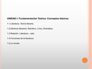 UNIDAD I: Fundamentación Teórica: Conceptos básicos:
1.1.Literatura, Teoría literaria.
1.2.Géneros literarios: Narrativo, Lírico, Dramático.
1.3.Relación Literatura – arte.
1.4.Funciones de la literatura.
1.5.La novela
 
