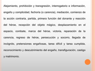 Alejamiento, prohibición y transgresión, interrogatorio e información,
engaño y complicidad, fechoría (o carencia), mediación, comienzo de
la acción contraria, partida, primera función del donante y reacción
del héroe, recepción del objeto mágico, desplazamiento en el
espacio, combate, marca del héroe, victoria, reparación de la
carencia, regreso de héroe, persecución y socorro, llegada de
incógnito, pretensiones engañosas, tarea difícil y tarea cumplida,
reconocimiento y descubrimiento del engaño, transfiguración, castigo
y matrimonio.
 