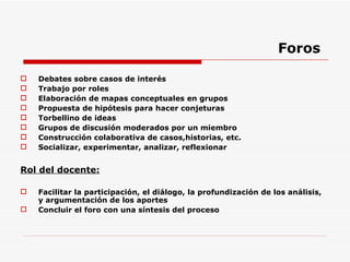 Foros Debates sobre casos de interés Trabajo por roles Elaboración de mapas conceptuales en grupos Propuesta de hipótesis para hacer conjeturas Torbellino de ideas Grupos de discusión moderados por un miembro Construcción colaborativa de casos,historias, etc. Socializar, experimentar, analizar, reflexionar Rol del docente: Facilitar la participación, el diálogo, la profundización de los análisis, y argumentación de los aportes Concluir el foro con una síntesis del proceso 