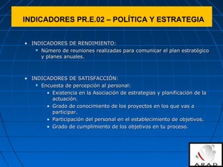 • INDICADORES DE RENDIMIENTO:INDICADORES DE RENDIMIENTO:
 Número de reuniones realizadas para comunicar el plan estratégicoNúmero de reuniones realizadas para comunicar el plan estratégico
y planes anuales.y planes anuales.
• INDICADORES DE SATISFACCIÓN:INDICADORES DE SATISFACCIÓN:
 Encuesta de percepción al personal:Encuesta de percepción al personal:
• Existencia en la Asociación de estrategias y planificación de laExistencia en la Asociación de estrategias y planificación de la
actuación.actuación.
• Grado de conocimiento de los proyectos en los que vas aGrado de conocimiento de los proyectos en los que vas a
participar.participar.
• Participación del personal en el establecimiento de objetivos.Participación del personal en el establecimiento de objetivos.
• Grado de cumplimiento de los objetivos en tu proceso.Grado de cumplimiento de los objetivos en tu proceso.
INDICADORES PR.E.02 – POLÍTICA Y ESTRATEGIA
 