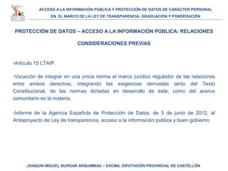 ACCESO A LA INFORMACIÓN PÚBLICA Y PROTECCIÓN DE DATOS DE CARÁCTER PERSONAL
EN EL MARCO DE LA LEY DE TRANSPARENCIA: GRADUACIÓN Y PONDERACIÓN
JOAQUIN MIGUEL BURGAR ARQUIMBAU – EXCMA. DIPUTACIÓN PROVINCIAL DE CASTELLÓN
PROTECCIÓN DE DATOS – ACCESO A LA INFORMACIÓN PÚBLICA: RELACIONES
CONSIDERACIONES PREVIAS
-Artículo 15 LTAIP.
-Vocación de integrar en una única norma el marco jurídico regulador de las relaciones
entre ambos derechos, integrando las exigencias derivadas tanto del Texto
Constitucional, de las normas dictadas en desarrollo de éste, como del acervo
comunitario en la materia.
-Informe de la Agencia Española de Protección de Datos, de 5 de junio de 2012, al
Anteproyecto de Ley de transparencia, acceso a la información publica y buen gobierno
 