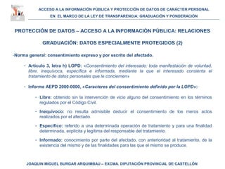 ACCESO A LA INFORMACIÓN PÚBLICA Y PROTECCIÓN DE DATOS DE CARÁCTER PERSONAL
EN EL MARCO DE LA LEY DE TRANSPARENCIA: GRADUACIÓN Y PONDERACIÓN
JOAQUIN MIGUEL BURGAR ARQUIMBAU – EXCMA. DIPUTACIÓN PROVINCIAL DE CASTELLÓN
PROTECCIÓN DE DATOS – ACCESO A LA INFORMACIÓN PÚBLICA: RELACIONES
GRADUACIÓN: DATOS ESPECIALMENTE PROTEGIDOS (2)
-Norma general: consentimiento expreso y por escrito del afectado.
- Artículo 3, letra h) LOPD: «Consentimiento del interesado: toda manifestación de voluntad,
libre, inequívoca, específica e informada, mediante la que el interesado consienta el
tratamiento de datos personales que le conciernen»
- Informe AEPD 2000-0000, «Caracteres del consentimiento definido por la LOPD»:
- Libre: obtenido sin la intervención de vicio alguno del consentimiento en los términos
regulados por el Código Civil.
- Inequívoco: no resulta admisible deducir el consentimiento de los meros actos
realizados por el afectado.
- Específico: referido a una determinada operación de tratamiento y para una finalidad
determinada, explícita y legítima del responsable del tratamiento.
- Informado: conocimiento por parte del afectado, con anterioridad al tratamiento, de la
existencia del mismo y de las finalidades para las que el mismo se produce.
 